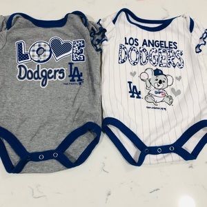 Two baby L.A Dodgers onesies